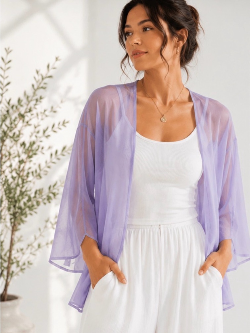 Lavender Sheer Open Front Kimono Cardigan – XL Flowy Layering Piece